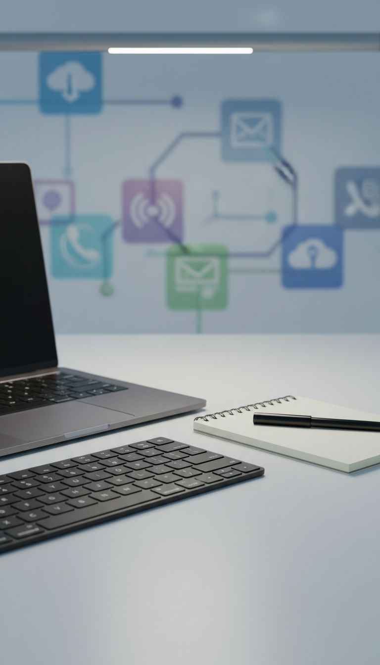 A precisely arranged desktop setup with a wireless keyboard, slim dark-metallic laptop, and a minimalist notepad, all positioned atop a smooth, neutral-toned work surface. The background features an abstract, out-of-focus image of layered digital icons hinting at MSP technology solutions. Cool, soft overhead LED lighting creates subtle highlights on the equipment, maintaining a gentle, balanced shadow beneath each object. The composition uses a rule-of-thirds layout from a side perspective, delivering a tidy, efficient vision. The mood is quietly confident and forward-thinking, aligning with the professional, photographic realism and clean lines required by the RC Momentum business support program.