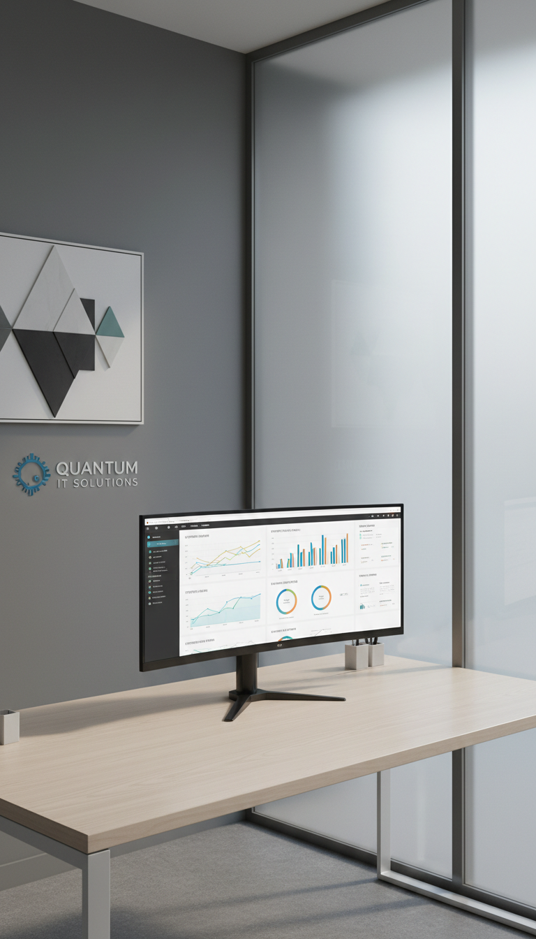 An ultramodern workspace featuring an immaculate desk made from light ash wood, hosting a large, high-resolution computer monitor displaying sleek MSP dashboard analytics with crisp graphs and data charts. The desk sits beside a matte grey wall adorned with a single geometric art piece, and minimal corporate branding adds a touch of color. Soft, natural daylight enters through a frosted glass partition, diffusing evenly across the surfaces and casting gentle, refined shadows. The scene is composed from a slightly elevated angle to emphasize the organized work area. The mood projects clarity and professionalism, while the photographic style and neutral palette embody the site's clean, structured, business-focused aesthetic.