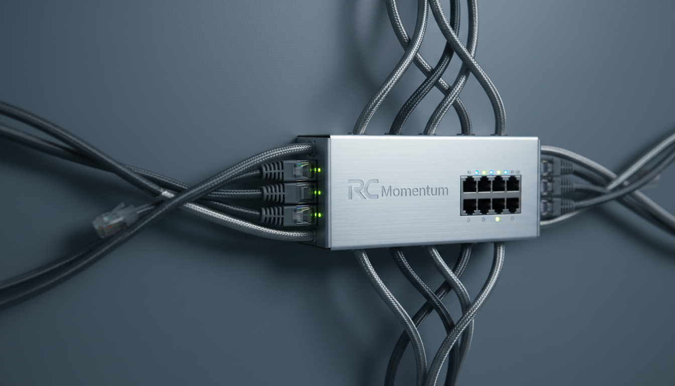 A close-up of a sophisticated, connected network ecosystem represented by interlinking Ethernet cables in graphite and silver hues, terminating in a polished, high-end network switch with subtle RC Momentum branding on the surface. Arranged symmetrically against a matte slate grey panel, the cables and hardware are bathed in soft, cool side lighting, creating delicate highlights and gentle shadow play on the metallic surfaces. Captured in sharp focus with a shallow depth of field, the scene has an organized, dynamic feel. The mood is sleek and technical, underlining innovation and expertise in MSP support, in a clean and modern photographic style that resonates with the corporate identity of the site.