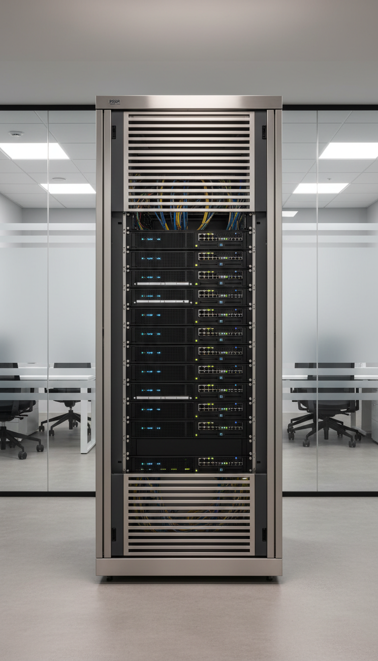 A sleek, modern server rack constructed of brushed stainless steel and matte charcoal panels, equipped with neatly aligned networking equipment and softly glowing LED indicators. The server rack is positioned against a smooth, neutral-toned wall in a minimalist office IT suite with structured glass panels and clean desk surfaces nearby. Soft, diffuse overhead lighting creates balanced illumination, highlighting the metallic textures and casting gentle, subtle shadows along the floor. The mood is professional and composed, emphasizing precision and order. The composition uses an eye-level perspective with symmetrical framing for a sense of stability and authority, rendered in photographic realism with a clean, corporate aesthetic suited for a high-level MSP support site.