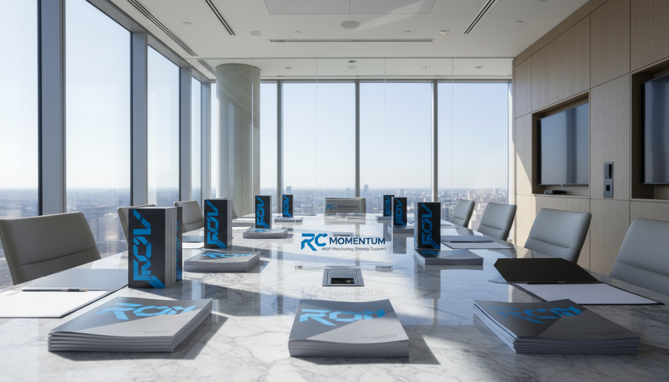 A professional-looking conference table of polished grey stone with subtle marbling, set with stylized, branded marketing materials—neatly stacked brochures, gloss-finished folders, and a crystal-clear acrylic sign displaying the RC Momentum logo. The table sits in a modern glass-walled boardroom with neutral-tone panels and built-in technology ports. Daylight streams in from tall windows, producing elegant reflection patterns and a bright, inviting atmosphere. Captured from a wide, low angle, the image conveys openness and collaboration. The overall feel is modern, energetic, and businesslike with a photographic sense of clarity and attention to structured layout—perfect for showcasing MSP marketing strategy support.